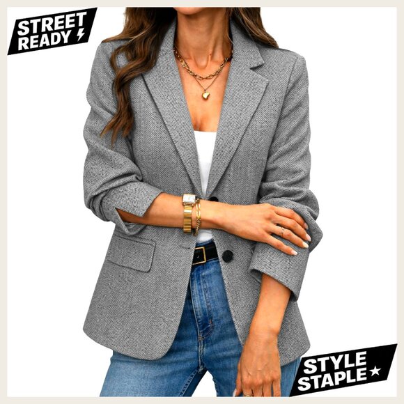 Jackets & Blazers - Slim Fit Herringbone Tweed Blazer with Flap Pockets for Business Casual